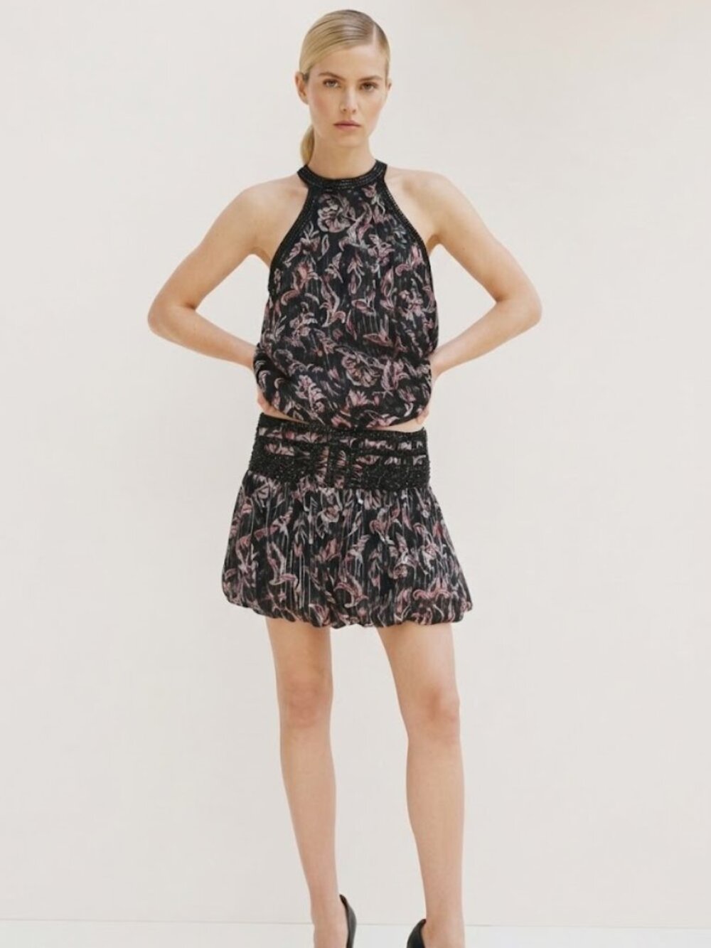 Zara Sequin Floral Print Georgette Halter Top and Skirt Set Size Small NWT